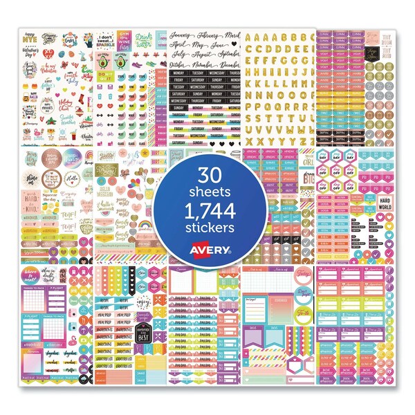 Avery Planner Sticker Variety Pack, Budget, Fitness, Motivational, Seasonal, Work, Assorted Colors, 1744PK 6785 - main